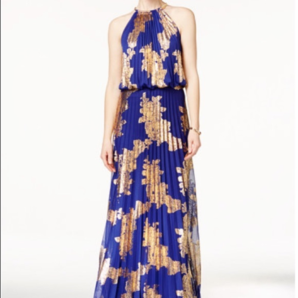 MSK NWT Gorgeous Blue & Gold Maxi Dress